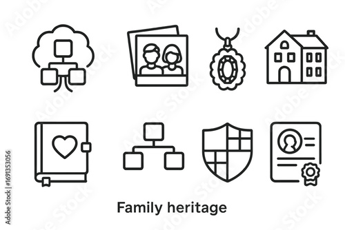 Family Heritage Icons. Outline icon set of family heritage: family tree, old photographs, heirloom jewelry, ancestral home, diary,