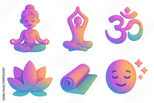 Yoga icon set 3D gradient style. Meditation emoji collection. Vector cartoon for wellness apps. Lotus pose woman, Om symbol, yoga mat, flower. Spiritual fitness graphics.