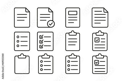 Various documents and clipboards line icons collection, editable stroke vector illustrations. Simple isolated black outline symbols for web, apps, business, tasks, checklists design