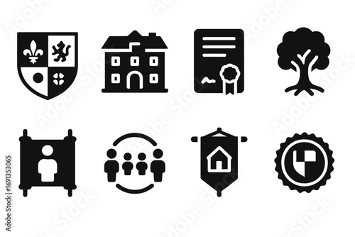 Family Legacy Icons. Solid, filled icon set of family legacy elements: coat of arms, ancestral home, land deed, sacred tree,