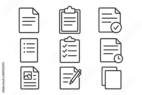 Various documents and clipboards icons set, editable line art for web, books, cards, apps design, checklist, notes, paper, writing, image, schedule, office supplies, vector cartoon collection