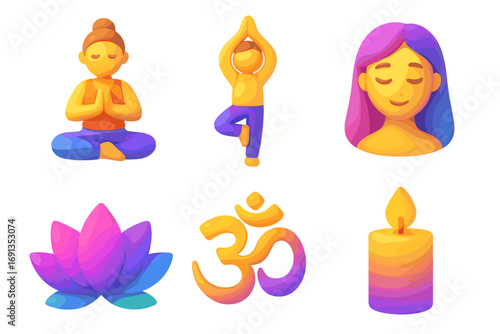 Yoga meditation icon set. 3D gradient cartoon characters in lotus, tree pose. Spiritual wellness emoji with Om symbol, lotus flower, candle. Vector illustration for apps.