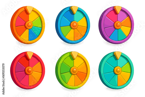 Colorful wheel of fortune icon set in 3D cartoon style. Vector illustration of six spinning prize wheels for games, lottery, and promotions. Isolated lucky roulette concept.