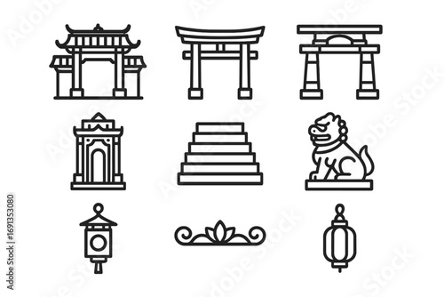 Temple Entrance Icons. Outline icon set of temple entrances: grand gate, torii, stone arch, carved doorway,