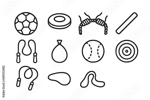 Camp Games Icons. Outline icon set of camp games: soccer ball, frisbee, tug-of-war rope, relay baton, jump