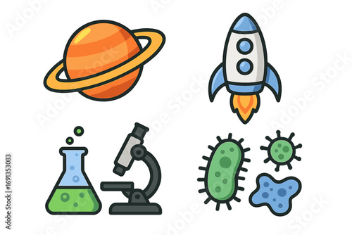 Science and exploration icon set. Vector cartoon illustration of planet, rocket, microscope, flask, and bacteria. For education, research, and scientific discovery.