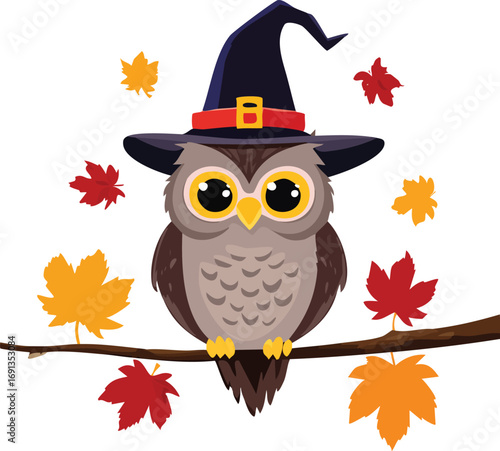 A cute cartoon owl wearing a witch hat, perched on a branch with autumn leaves. A fun vector illustration for Halloween and the fall season. Generative AI