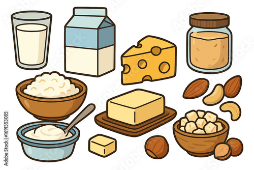 Dairy products and nuts food set. Vector cartoon icons of milk, cheese, butter, yogurt, almond, cashew, hazelnut. Healthy protein source & breakfast ingredients collection.