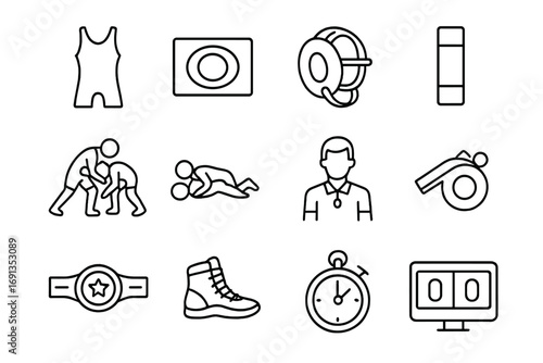 Wrestling Icon Set. Outline icon set of wrestling: singlet, wrestling mat, headgear, ankle band, takedown, pin