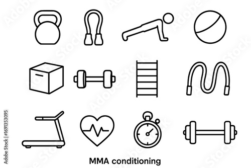 MMA Fitness Icons. Outline icon set of MMA conditioning: kettlebell, resistance band, push-up icon, medicine