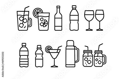 Picnic Beverage Icons. Outline icon set of picnic beverages: iced tea, lemonade, wine bottle, wine glasses,