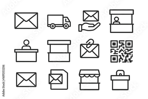 Card Distribution Icons. Outline icon set of card distribution: mail envelope, courier truck, hand delivery,