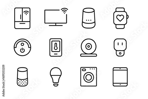 Smart Device Icons. Outline icon set of smart devices: smart fridge, connected TV, home assistant, wearable