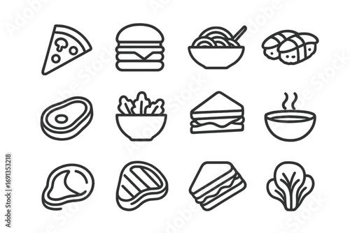 Food Icon Grid. Outline icon set of food categories for menu: pizza, burger, pasta, sushi, steak, salad,