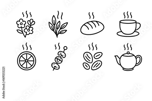 Picnic Aroma Icons. Outline icon set of picnic scents and aromas: flowers, herbs, freshly baked bread, coffee