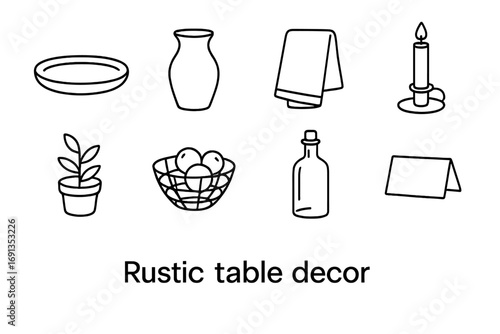 Rustic Table Decor Icons. Outline icon set of rustic table decor: wooden platter, ceramic vase, linen napkin,