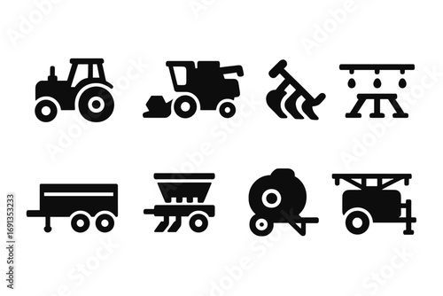 Farmer Machinery Icons. Solid, filled icon set of farmer machinery: tractor, combine harvester, plow, irrigation system, trailer,
