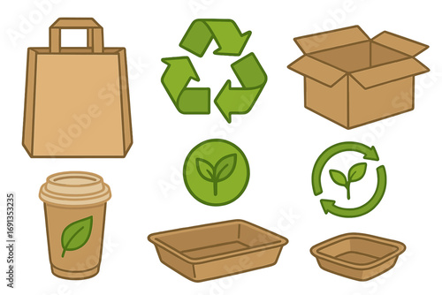 Eco friendly packaging icon set with recycling symbols. Sustainable paper bag, cardboard box, coffee cup and containers. Biodegradable, compostable, zero waste concept.