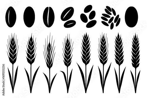 Black silhouette set of various grains, wheat stalks, and cereals. Vector collection of rye, barley, and oat icons for agriculture, farm harvest, and healthy food concepts.