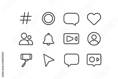 Social Media Icons Grid. Outline icon set of social media trends: hashtag, story icon, chat bubble, like