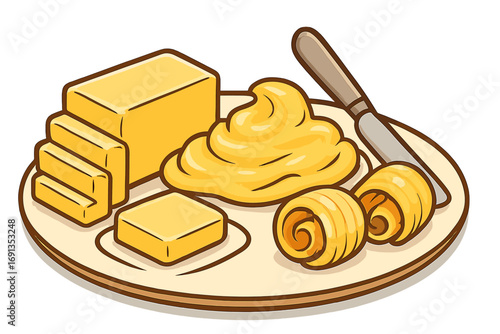 Butter set with block, slices, creamy spread, and curls on a plate with a knife. Dairy food product concept. Vector cartoon illustration of margarine ingredient for breakfast.