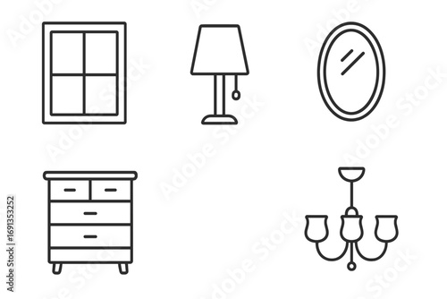 Window, lamp, mirror, dresser, chandelier icons pack. Editable thin line stroke set for web, apps, books, cards. Vector cartoon illustrations of home furniture and decor design elements