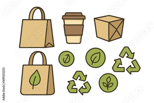 Eco-friendly packaging icon set with sustainable containers and recycling symbols. Vector illustration of paper bag, coffee cup, and box for zero waste green environment concept.