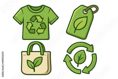 Eco-friendly apparel icons for sustainable fashion. Recycling symbols, green t-shirt, tote bag, and leaf tag. Vector set for conservation and ethical production concepts.