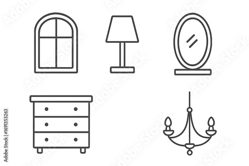 Window Lamp Mirror Dresser Chandelier Outline Vector Set. Simple Linear Home Decor Icons Collection. Editable Stroke Line Art for Web Design, Cards, Apps, Books.