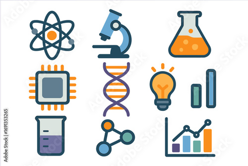 Science and technology icon collection. Data visualization, research, innovation concepts. Vector illustration of lab, chemistry, biology, physics. Atom, microscope, DNA, chart.