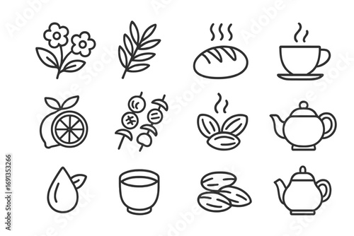 Picnic Aroma Icons. Outline icon set of picnic scents and aromas: flowers, herbs, freshly baked bread, coffee