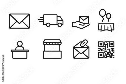 Card Distribution Icons. Outline icon set of card distribution: mail envelope, courier truck, hand delivery,