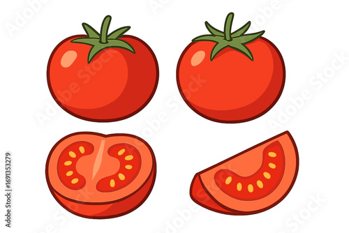Set of fresh red tomatoes. Whole, half and sliced tomato. Healthy organic vegetable food. Ingredient for cooking. Vector cartoon illustration isolated on white background.