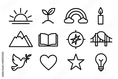 Symbols of Hope. Outline icon set of hope after loss: sunrise, seed sprout, rainbow, candle flame, mountain,