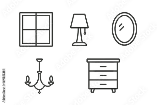 Window lamp mirror dresser chandelier thin line icons pack. Editable stroke vector set for web design, apps, books, cards. Interior elements, home decor illustration collection.