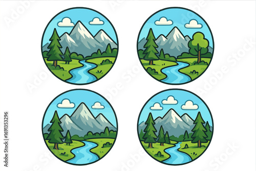 Round nature logo templates set. Cartoon vector mountain landscapes with river and pine trees. Outdoor adventure, travel, and hiking sticker or emblem collection for branding.