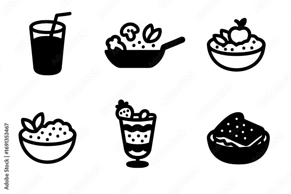 Fototapeta premium Fiber-Rich Meal Icons. Solid, filled icon set of fiber-rich meal ideas: fiber smoothie, veggie stir-fry, lentil salad, oatmeal