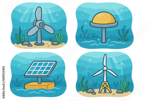 Set of aquatic renewable energy icons. Vector cartoon illustration of marine power technologies. Tidal current turbine, wave energy converter, floating solar panel, offshore wind.