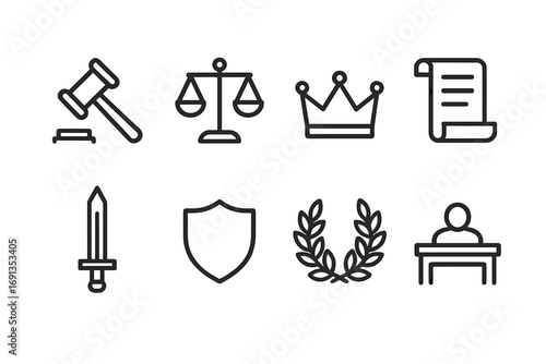 Feudal Icon Sets. Outline icon set of feudal lord: crown, scepter, throne, sword, shield, scroll, horse, castle. Line icons in