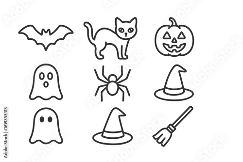 Halloween Icon Set. Outline icon set of Halloween symbols: bat, black cat, skull, pumpkin, ghost, spider,