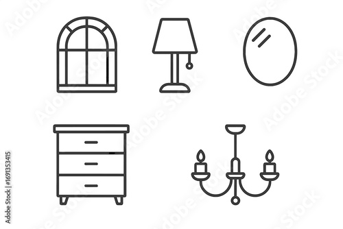 Window lamp mirror dresser chandelier thin icons pack, editable stroke vector set for web design, apps, cards, books, cartoon style home decor illustration