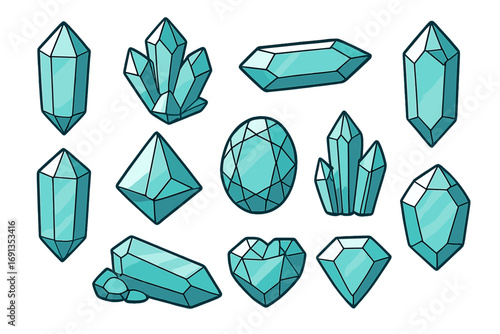Crystal and gemstone vector illustration set. Collection of various geometric shapes of precious minerals and gems. Cartoon icons for jewelry, magic, or spiritual concepts.