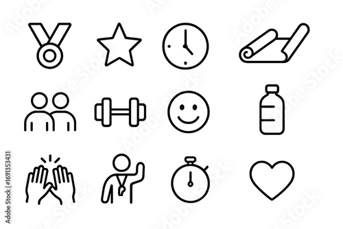 Fitness Icon Set. Outline icon set of fitness motivation: medal, star, clock, yoga mat, friends, dumbbells,