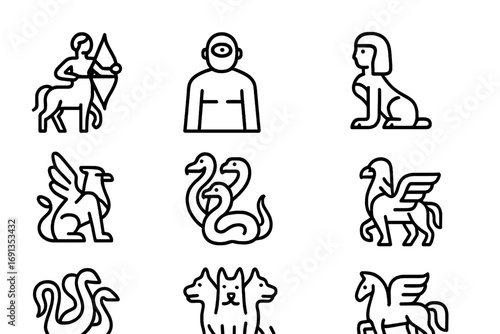 Mythical Creature Icons. Outline icon set of mythological creatures: centaur, cyclops, siren, sphinx, griffin,