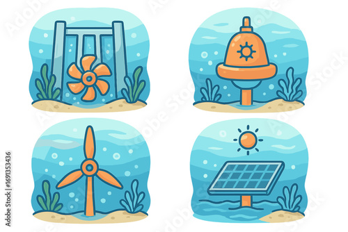 Aquatic renewable energy icon set. Marine power cartoon collection. Tidal stream, wave, offshore wind turbine, floating solar panel. Green energy technology vector illustration.