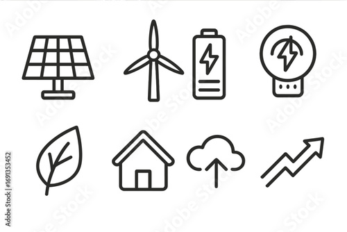 Green Energy Icons. Outline icon set of green energy solutions: solar panel, wind turbine, battery, smart