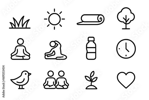Outdoor Yoga Icons. Outline icon set of outdoor yoga: grass, sun, yoga mat, tree, lotus pose, stretching,