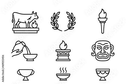 Mythology Ritual Icons. Outline icon set of ancient mythology rituals: sacrifice, laurel crown, torch,