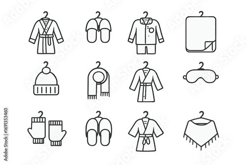 Cozy Apparel Icons Grid. Outline icon set of cozy home apparel hooks: bathrobe, slippers, pajama set, fleece blanket, knit beanie,