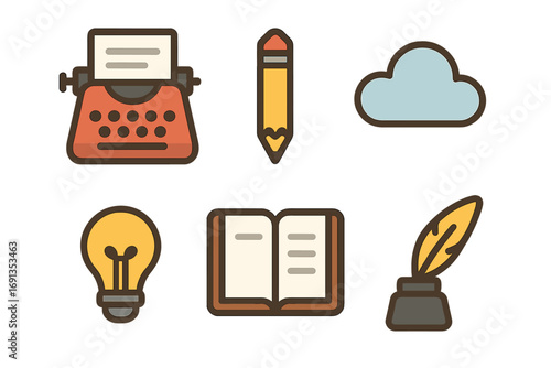 Creative writing and ideas icon set. Flat design vector symbols for storytelling, journalism and blogging. Typewriter, pencil, cloud, book, lightbulb, quill and ink.